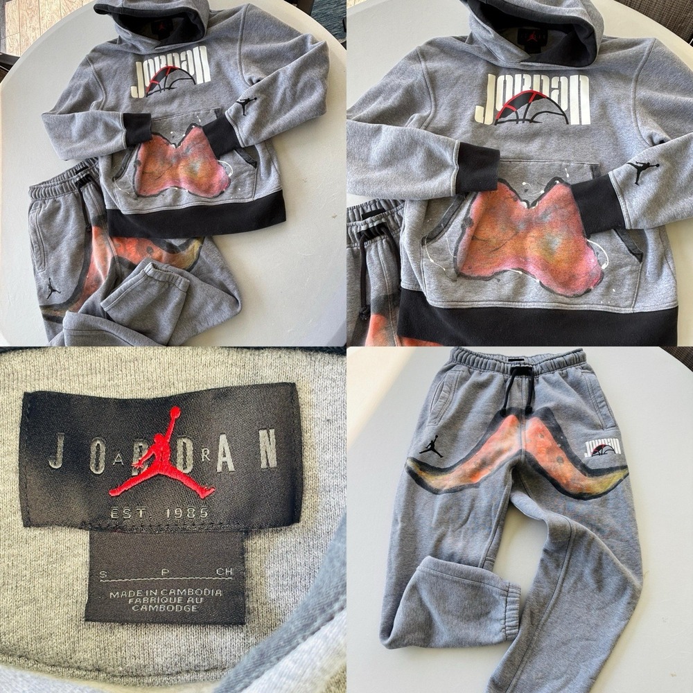 Jordan Hoodie & Joggers Set Youth Small Gray Rare Graffiti Print Logo Full Set